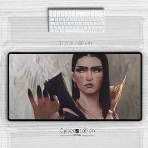 May include: A digital illustration of a woman with dark hair and gold jewelry, wearing a dark blue and gold outfit. She has a serious expression and is holding out her hand. The image is on a large screen with the text "Cyberstation Central" at the bottom.