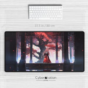 May include: A large rectangular mouse pad, 31.5 inches long and 15.5 inches wide, featuring an anime-style illustration of a person in a red dress standing in front of a large tree with red leaves. A white keyboard and mouse are also present.