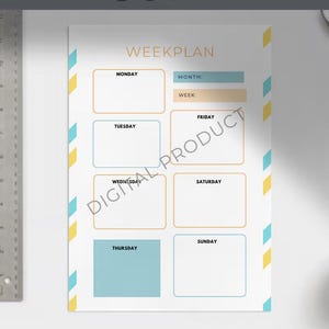 May include: A printable weekly planner with a white background and colorful accents. The planner is divided into seven sections for each day of the week, with spaces for writing tasks or appointments. The planner also includes spaces for the month and week number.