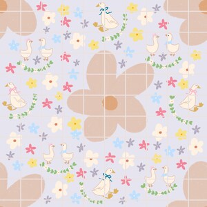 May include: A whimsical pattern featuring cartoon geese adorned with ribbons and floral garlands. The design includes various colorful flowers and large, stylized flower shapes on a light blue grid background. The overall aesthetic is soft and playful.