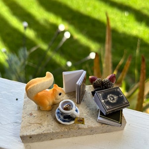 Miniature Squirrel Reading Books, Miniature afternoon tea, diorama, fairy garden, whimsical art, Mini diorama, windowsill art, mini art