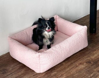 Luxurious Rose Boucle Dog Bed, Gift for Pet lovers, Soft Pink Dog Bed, Curly Teddy Dog lounger, Small and Big Dog Bed, Princess Bed