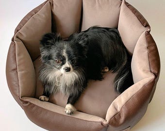 Royal Velour Leather Dog Bed, Cozy Cat Sofa, Small Round Dog Bed