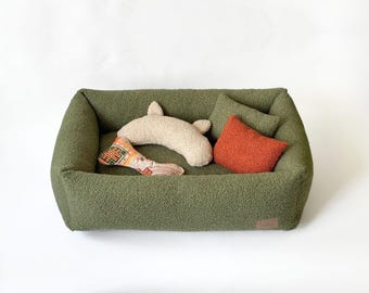 Lujosa cama para perros de bouclé verde, regalo perfecto para amantes de las mascotas, cama suave para perros de color verde, tumbona rizada para perros, cama para perros pequeños y grandes, cojín para gatos
