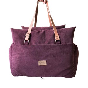 Magic deep violet velour dog car seat and dog carrier, Designer car seat, Luxury dog bed for traveling, Multifunctional travel bed for pet