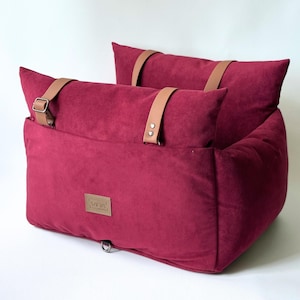Burgundy soft touch velour dog car seat, Designer car seat, Luxury dog bed for traveling, Dog Carrier with Adjustable Strap and pockets