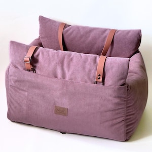 Violet soft touch velour dog car seat, Designer car seat, Luxury dog bed for traveling, Dog Carrier with Adjustable Strap and storage pocket