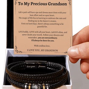 Grandson Bracelet: Braided Vegan Leather, Stainless Steel Beads, Engraved Clasp