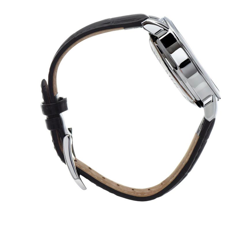 May include: A silver-toned wristwatch with a black leather band. The watch face is round and the band is secured with a silver buckle. The watch has a classic design, suitable for everyday wear.