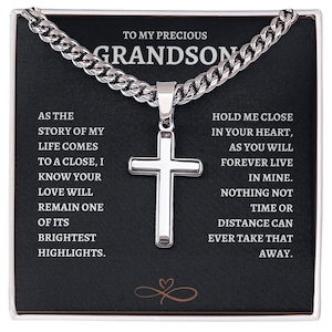 Cuban Link Chain with Artisan Cross – To My Precious Grandson – Christian Necklace Gift from Grandparents – Faith Jewelry for Grandson