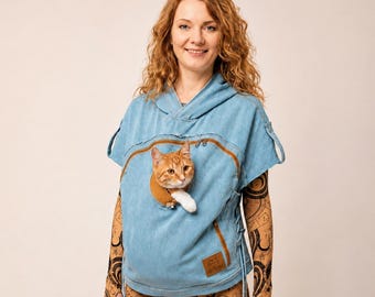 Colete de transporte para animais de estimação em jeans: Jaqueta para transportar cães e gatos com bolsa canguru.