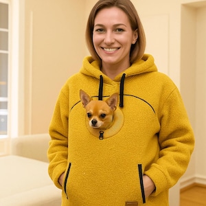 Mustard Bouclé Dog Hoodie Carrier with Pocket – Soft Pet Sweatshirt for Chihuahua, Cozy Alternative to Sling or Bed