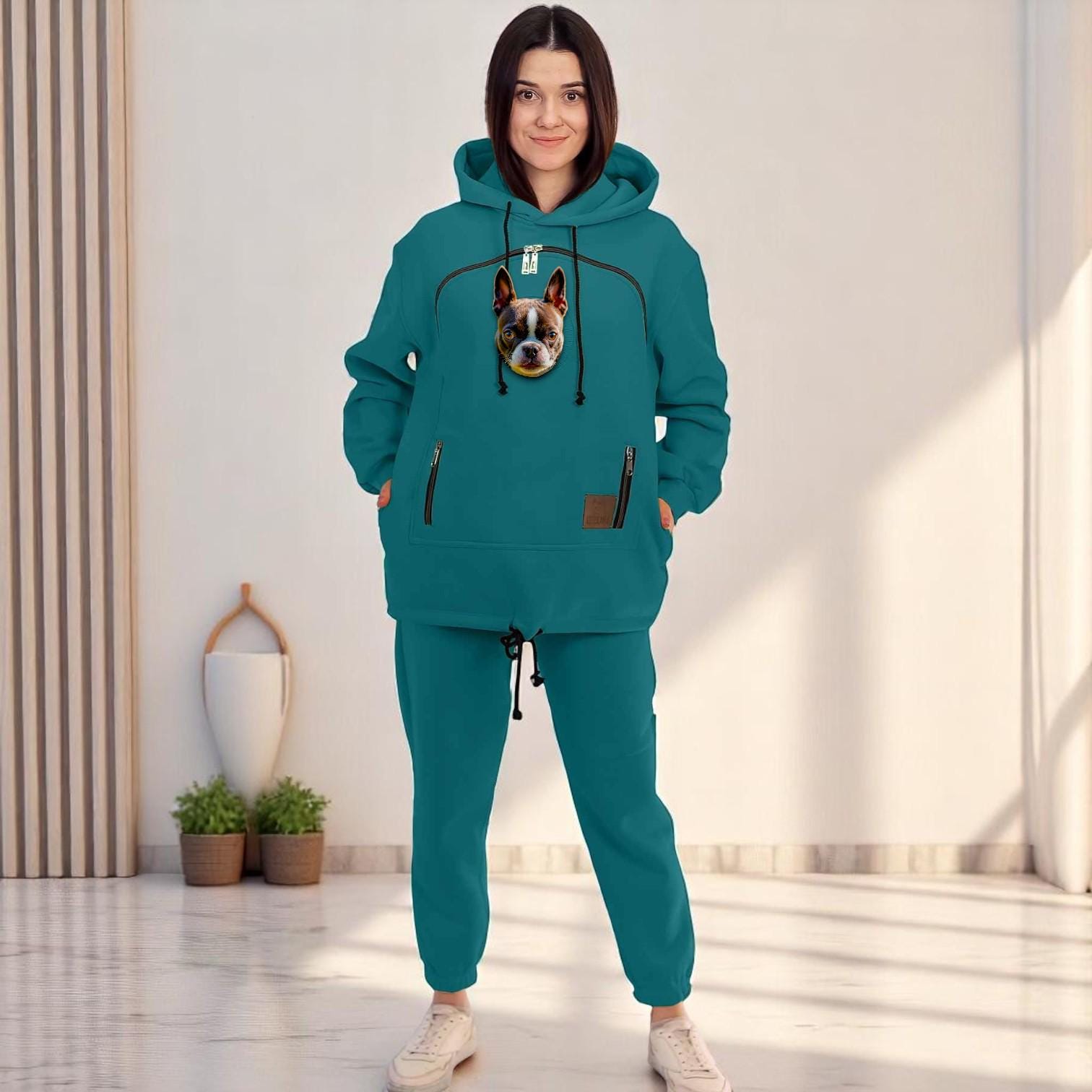 Gift for Dog Owners | Pet Carrier Hoodie & Joggers Set | Everyday Outfit for Boston Terrier, Beagle and Bulldog Lovers