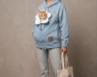Moletom com Capuz para Transporte de Animais de Estimação em Jeans Azul: Bolso com Janela para Visualização de Flores - Presente Ideal para Donos de Pets