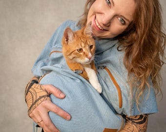 Colete jeans feminino com compartimento para transporte de animais de estimação Kotozyama PocketPet