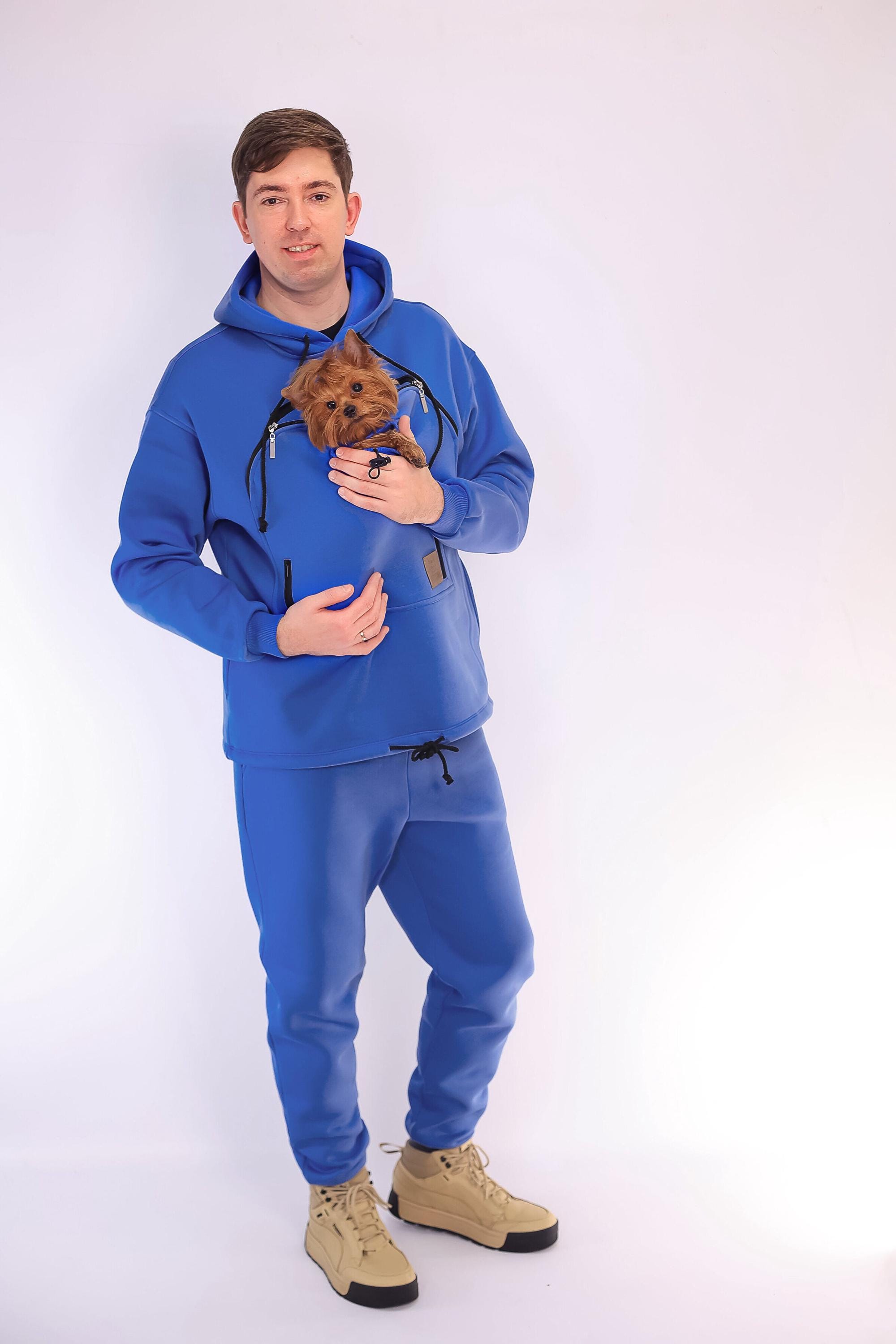 Men's Cotton Cat Hoodie & Joggers Set: Blue Pet Carrier Outfit for