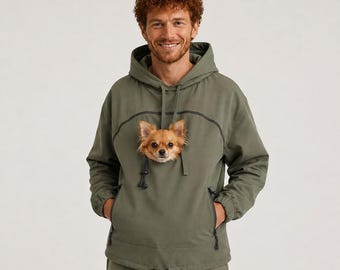 Moletom verde-oliva com bolsa para transporte de animais de estimação – Roupas para cães e gatos para donos de animais de estimação