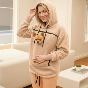 Beige Bouclé Dog Carrier Hoodie with Pocket – Handmade Cozy Pet Pullover for Chihuahua, Soft Sling-Style Alternative to Bed or Bag