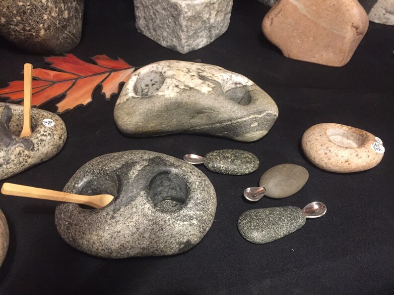 Salt and Pepper Dishes W/ Set of Stone Spoons . Etsy