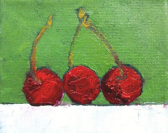 Miniature ORCHARD CHERRIES 4X4 Lynne French Fruit Still Life O/C Painting
