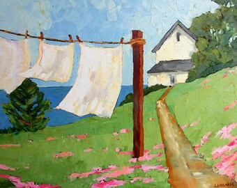 30X36 PACIFIC FARMHOUSE CLOTHESLINE Free U S Shipping Lynne French Laundry Landscape O/C Painting