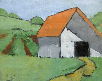 Miniature  OJAI WHITE BARN 4X4 Lynne French California Farm Field Garden Landscape O/C Painting