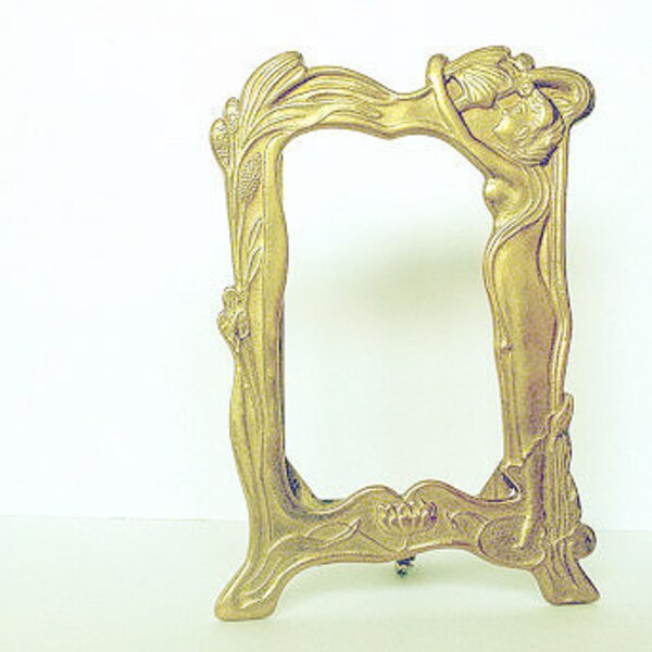 Art Nouveau Deco Brass Frame Vintage LOTUS BLOSSOM Cattail Design Free U.S. Shipping
