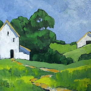 PETALUMA WHITE FARMHOUSE Lynne French California Farm Barn Landscape 9x12 Signed Oil Painting