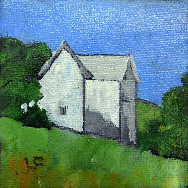 Miniature CALISTOGA WHITE FARMHOUSE 4X4 Lynne French California Landscape O/C Painting