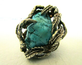 Vintage 70's Unique 925 Solid 14 Gram SILVER TURQUOISE Custom Sz 6 RING