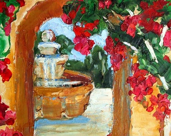 MISSION GARDEN FOUNTAIN Lynne California Landscape Oil Painting 9x12 Unstretched Canvas