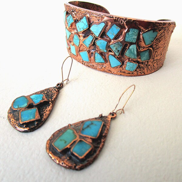 Vintage BELL TRADING POST 3 Pc Set Solid Copper Natural Turquoise Bracelet 58 Grams Earrings 11 Grams Free U.S. Shipping