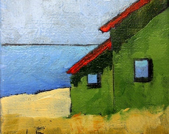 Miniature NORTH COAST COTTAGE 4X4 Lynne French California Pacific Seascape Landscape O/C Painting