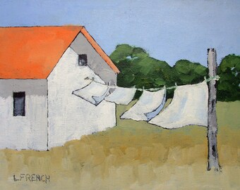 FARMHOUSE CLOTHESLINE Lynne French 9x12 California Laundry Landscape Signed Oil Painting