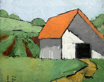 Miniature SANTA ROSA BARN 4X4 Lynne French California Landscape O/C Painting