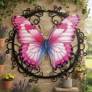 May include: A large, decorative butterfly wall art piece. The butterfly features pink and white wings with blue accents, set within a black, ornate metal frame. The artwork is mounted on a textured stone wall, with potted plants and greenery surrounding it.