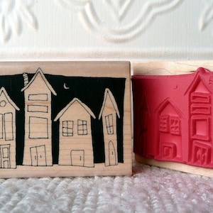 Night time houses rubber stamp from oldislandstamps