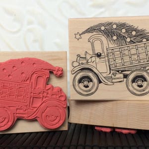Vintage truck with Christmas tree rubber stamp from oldislandstamps