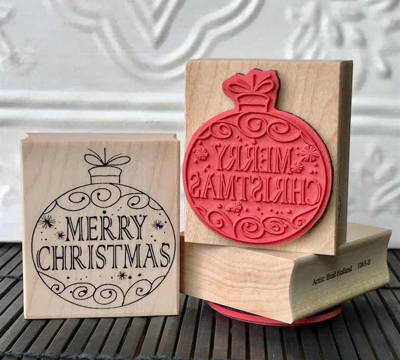 Merry Christmas Ball Ornament Rubber Stamp From Etsy