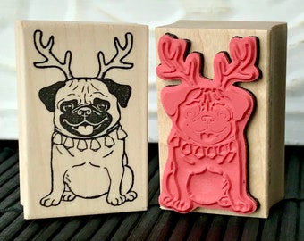 Pugsy the Christmas Pug dog rubber stamp from oldislandstamps