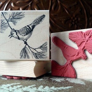 May include: Two wooden rubber stamps, one with a black and white illustration of a blue jay perched on a pine branch, and the other with a red rubber impression of a cardinal on a pine branch.