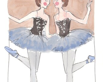 Ballet twins, Original ballet watercolour painting, A5 watercolor illustration, Tutu Wall Art, Contemporary Dancer Blue, Handpainted