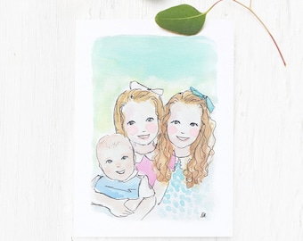 Custom Sketchy Kids Portrait Plain Background (Original & Digital Scan), Hand Painted Watercolor, Watercolour Handmade Children Illustration