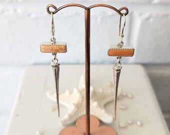 Sterling Horseshoe Crab Tail Earrings with Spiny Oyster Settings