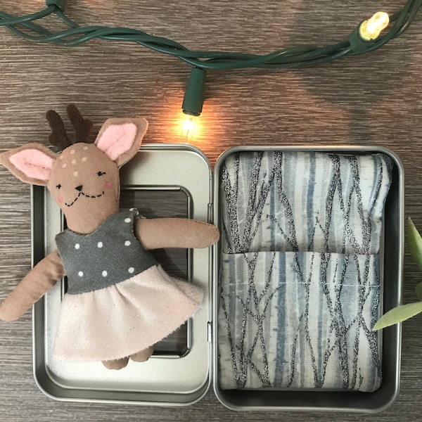 Teensy Tinsies Holiday miniature tiny plush deer in a tin! Sparkly birch tree tuck-in pocket bed & removable dress. For nap or bed time.