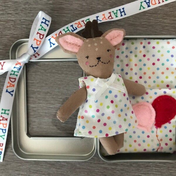 Happy Birthday Deer! Teensy Tinsies miniature fabric plush deer in a clear window tin. Nap time tuck-in pocket blanket bed & removable dress