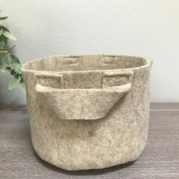 Small 4” High Felt Basket in Sandstone or Dark Gray Heather. Side handles, great for gifting items! Poly Felt.