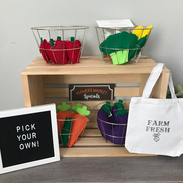 Pick Your Own! Farmer’s Market Play Felt Fruits & Vegetables. Fill a Farm Fresh bag with your choice of farm stand items.