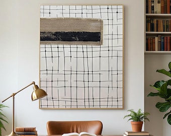 Handgemaakt jutetextuurschilderij, zwart-wit lijnkunst abstract canvas textielkunstwerk