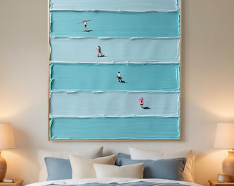 Abstract Family at the Beach Painting, Ocean Surfing Scene,  Minimalist Wall Decor, Modern Seascape Artwork